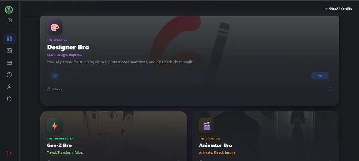 The Bro AI dashboard, with Designer Bro, Gen-Z Bro and Animator Bro on it